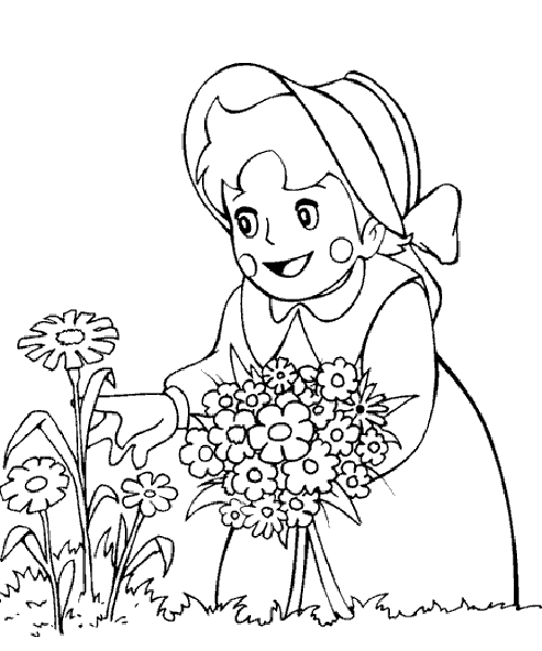 coloriage heidi ceuillant des fleures